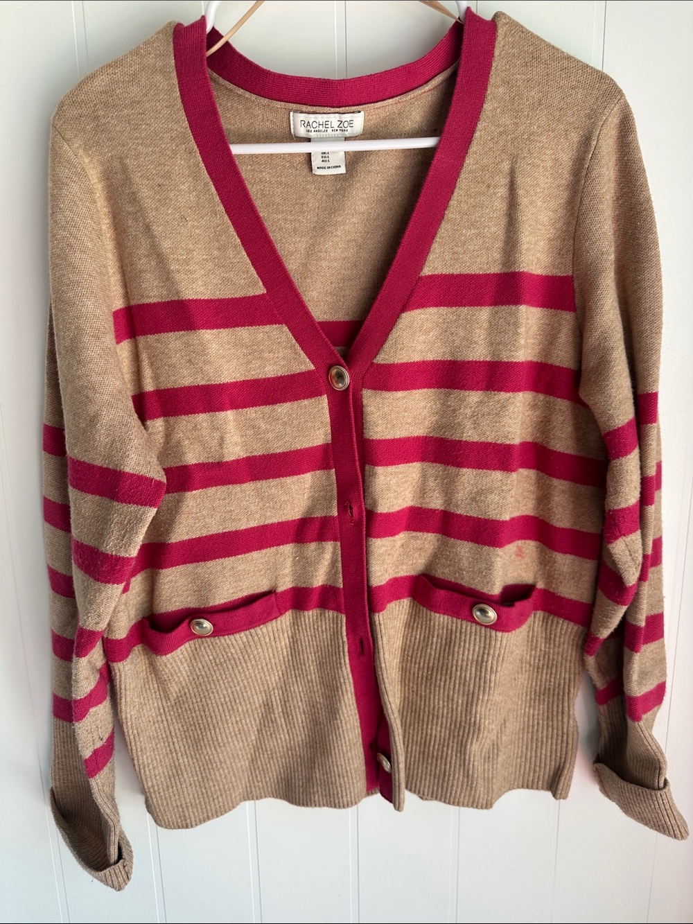 Rachel Zoe Tan and Fuchsia Striped V‑Neck Cardigan